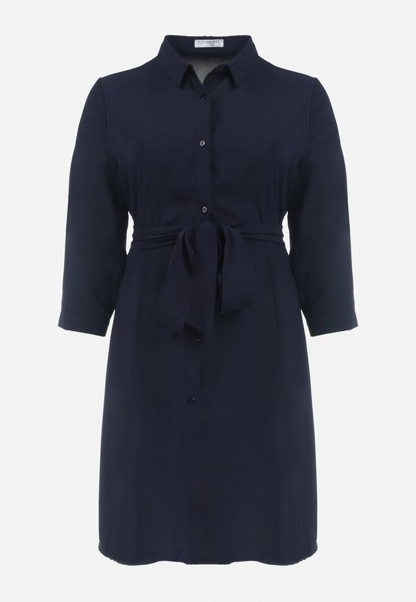 Born2be - Granatowa Rozkloszowana Mini Sukienka Zapinana na Guziki z Materiałowym Paskiem Vleco. Kolor: niebieski. Materiał: materiał. Długość: mini