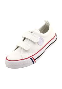 Trampki buty dziecięce na rzepy American Club LH63/21 White białe. Okazja: na uczelnię. Nosek buta: okrągły. Zapięcie: rzepy. Kolor: biały. Materiał: bawełna, guma, materiał. Wzór: aplikacja