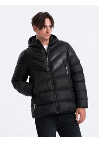 Ombre Clothing - Nowoczesna pikowana kurtka męska z łączonych materiałów – czarna V1. Typ kołnierza: kołnierzyk stójkowy. Kolor: czarny. Materiał: materiał. Długość: długie