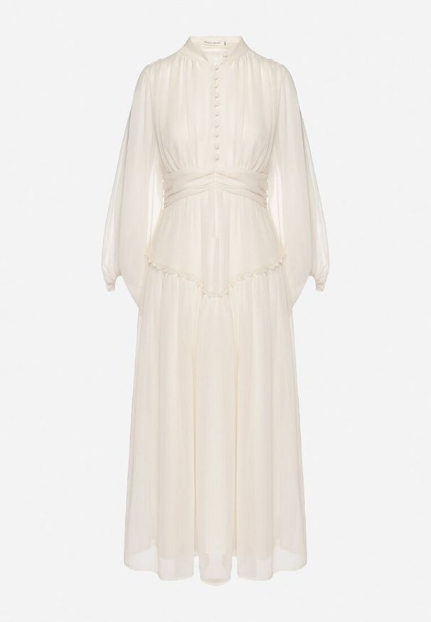 Born2be - Jasnobeżowa Długa Sukienka Koktajlowa w Stylu Retro z Plisami i Stójką Leowia. Typ kołnierza: kołnierzyk stójkowy. Kolor: beżowy. Styl: retro, wizytowy. Długość: maxi