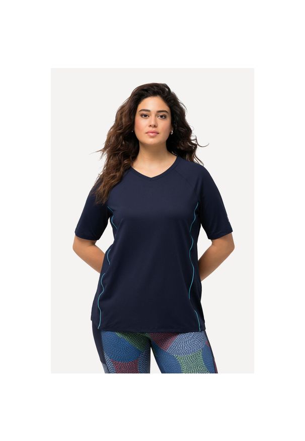 ULLA POPKEN - Damskie T-shirt ochrona UV 50+ dekolt w serek rękaw 1/2. Typ kołnierza: dekolt w serek. Kolekcja: plus size. Kolor: niebieski. Materiał: poliester, materiał, elastan