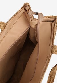 Renee - Ciemnobeżowa Pleciona Torebka Typu Shopperka z Napisem Odalina. Kolor: beżowy. Wzór: napisy. Styl: casual