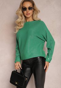 Renee - Ciemnozielony Sweter Oversize z Połyskującą Nitką Hukka. Kolor: zielony. Materiał: tkanina, dzianina #4