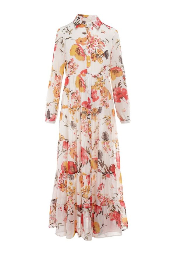 Born2be - Biała Sukienka Doreris. Okazja: na co dzień. Kolor: biały. Materiał: tkanina. Wzór: kwiaty, kolorowy. Typ sukienki: proste, koszulowe. Styl: casual, klasyczny. Długość: maxi