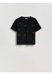 Reserved - T-shirt z haftem - czarny. Kolor: czarny. Materiał: bawełna, dzianina. Wzór: haft
