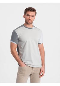 Ombre Clothing - T-shirt męski z elastanem z kolorowymi rękawami - szary V4 OM-TSCT-0176 - XXL. Okazja: na co dzień. Kolor: szary. Materiał: elastan. Wzór: kolorowy. Styl: casual, klasyczny #8