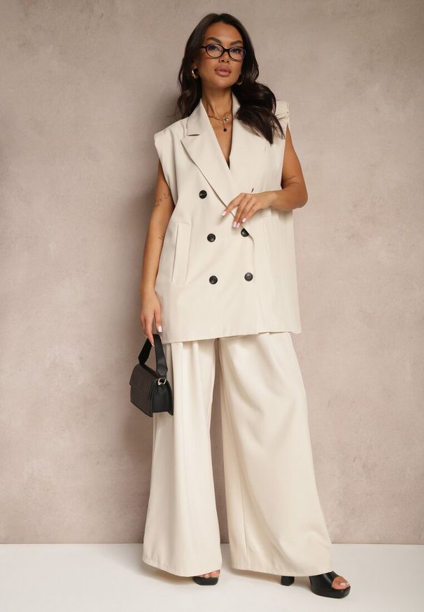 Renee - Beżowe Eleganckie Spodnie Palazzo z Szerokimi Nogawkami Adivisa. Stan: podwyższony. Kolor: beżowy. Styl: elegancki