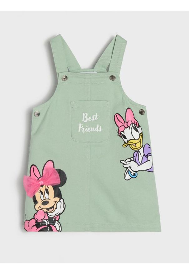 Sinsay - Bawełniana sukienka ogrodniczka Minnie Mouse - zielony. Kolor: zielony. Materiał: bawełna. Wzór: motyw z bajki