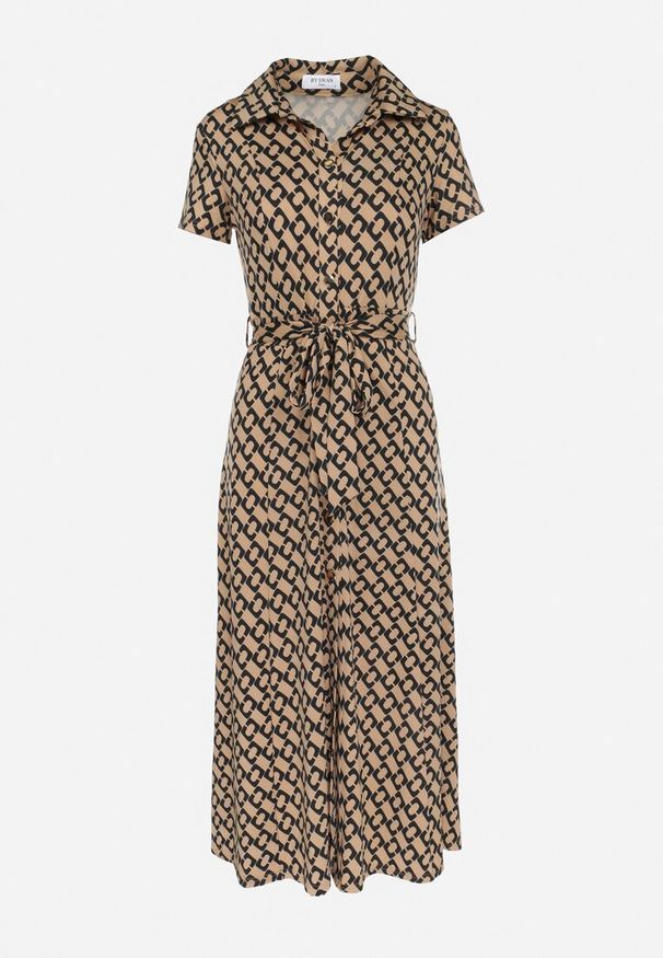 Born2be - Ciemnobeżowa Sukienka Alethanthei. Okazja: na co dzień. Kolor: beżowy. Materiał: materiał. Długość rękawa: krótki rękaw. Wzór: geometria, nadruk, aplikacja. Typ sukienki: szmizjerki. Styl: casual, elegancki. Długość: midi