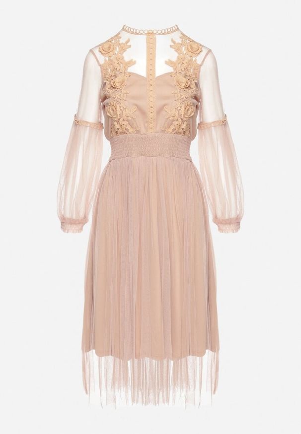 Born2be - Ciemnobeżowa Rozkloszowana Sukienka Tiulową z Koronką Llaudia. Kolor: beżowy. Materiał: tiul, koronka. Wzór: koronka