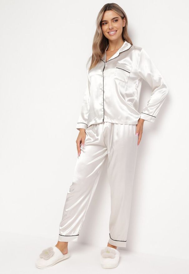 Born2be - Biały Satynowy Komplet Piżamowy z Koszulą i Spodniami Teusia. Kolor: biały. Materiał: satyna