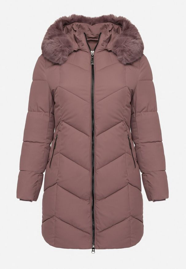 Born2be - Ciemnofioletowa Kurtka Pikowana z Ozdobnymi Przeszyciami Ozdobiona Futerkiem Sarittia. Okazja: na spacer, na co dzień. Kolor: fioletowy. Materiał: futro. Wzór: aplikacja. Sezon: zima. Styl: elegancki, casual, klasyczny