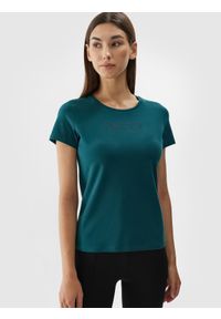 4f - T-shirt slim nadrukiem damski. Kolor: zielony. Materiał: bawełna, elastan. Wzór: nadruk #2