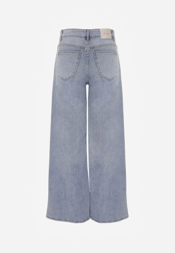 Renee - Niebieskie Jeansy Szerokie w Stylu Boho z Ozdobnym Nadrukiem na Nogawkach Endippe. Okazja: na imprezę. Kolor: niebieski. Wzór: nadruk. Sezon: lato. Styl: boho