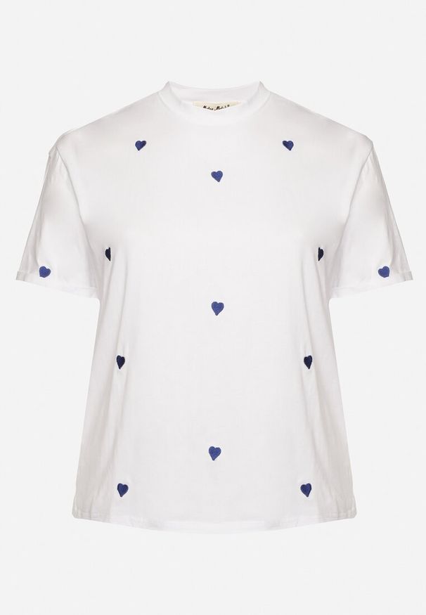 Born2be - Biało-Niebieski Bawełniany T-shirt Zdobiony Haftem w Kształcie Serc Naloree. Okazja: na co dzień. Kolekcja: plus size. Kolor: biały. Materiał: bawełna. Wzór: aplikacja, haft. Styl: casual, elegancki, klasyczny