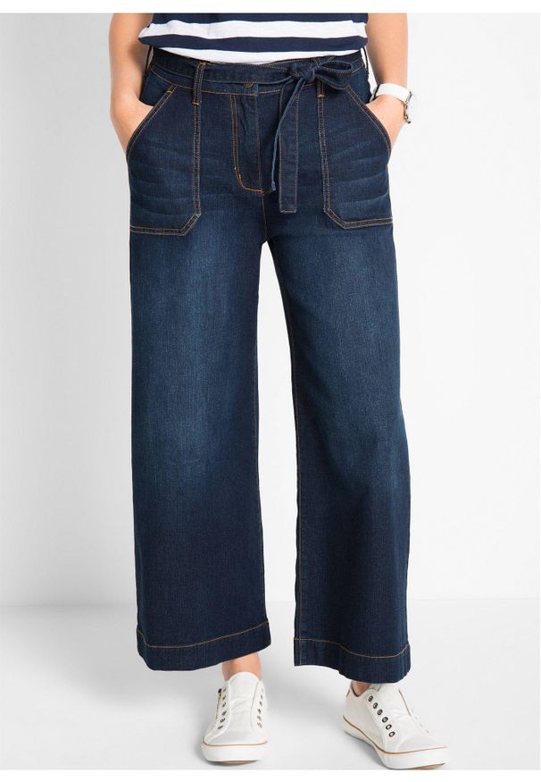 bonprix - Dżinsy Wide Leg, high waist z wygodnym paskiem, cropped. Stan: podwyższony. Kolor: niebieski