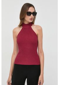Guess top damski kolor bordowy. Typ kołnierza: dekolt halter. Kolor: czerwony. Materiał: materiał, dzianina, wiskoza. Wzór: gładki #1