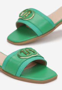 Renee - Zielone Klapki Panehe. Nosek buta: otwarty. Kolor: zielony. Materiał: jeans. Wzór: jednolity, aplikacja. Obcas: na płaskiej podeszwie #3
