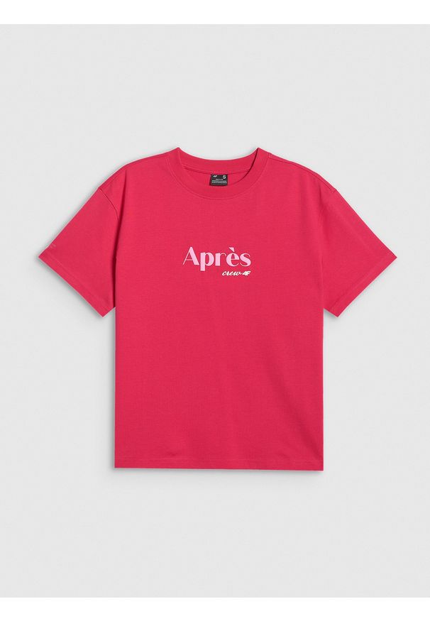 4f - 4F T-shirt boxy z nadrukiem damski - czerwony XS. Okazja: na co dzień. Kolor: czerwony. Materiał: dzianina, bawełna, materiał. Wzór: nadruk. Styl: casual