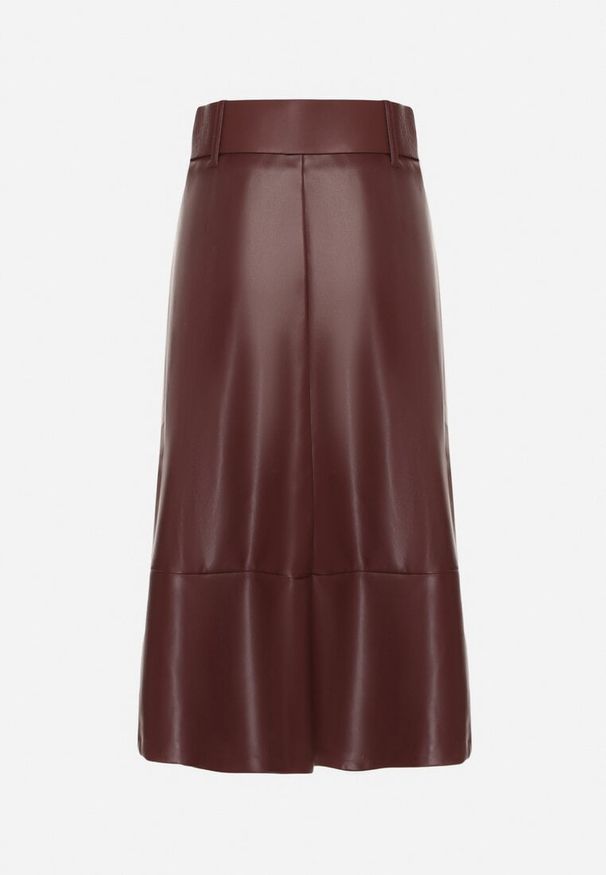 Born2be - Bordowa Trapezowa Spódnica z Imitacji Skóry z Paskiem z Okrągłą Klamrą Salendia. Okazja: na co dzień, do pracy, na spotkanie biznesowe. Stan: podwyższony. Kolor: czerwony. Materiał: skóra. Styl: biznesowy, casual