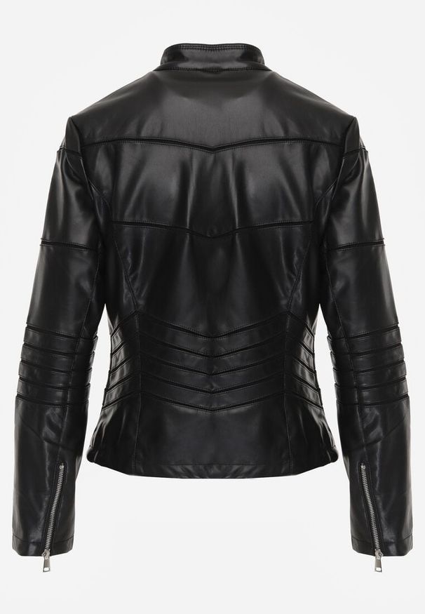 Renee - Czarna Kurtka Ramoneska z Geometrycznymi Przeszyciami Besilda. Okazja: na co dzień. Kolor: czarny. Materiał: poliester, jeans. Wzór: geometria. Styl: casual, klasyczny