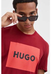 Hugo - HUGO t-shirt bawełniany kolor bordowy z nadrukiem. Kolor: czerwony. Materiał: bawełna. Wzór: nadruk