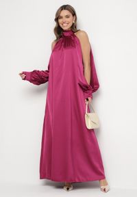 Born2be - Fioletowa Sukienka z Satyny Ozdobiona Wiązaniem Solreti. Kolor: fioletowy. Materiał: satyna. Wzór: aplikacja. Typ sukienki: proste. Styl: elegancki #2