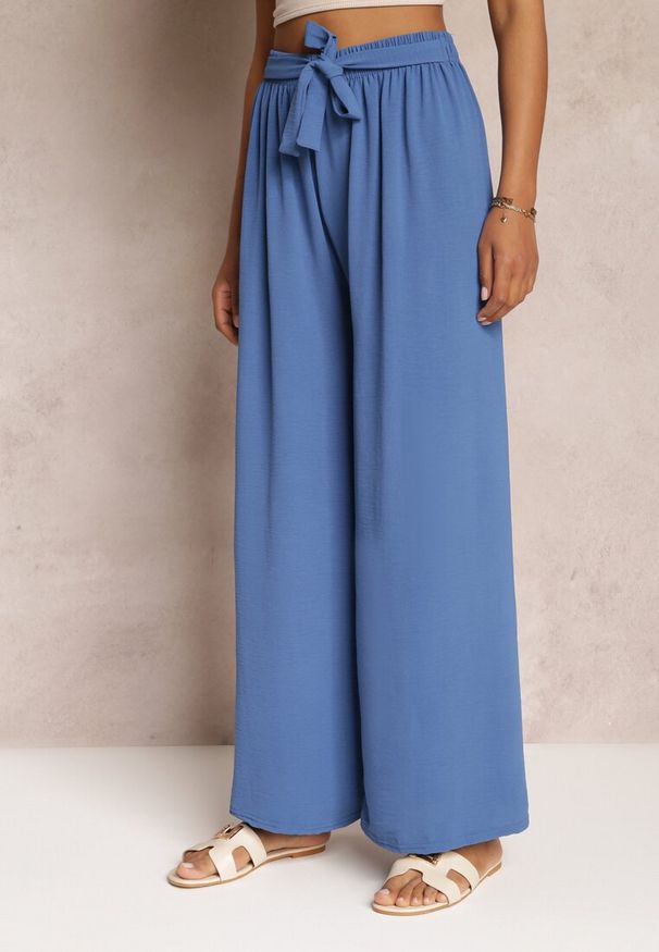 Renee - Granatowe Spodnie z Szerokimi Nogawkami i Doszytym Paskiem w Talii Atita. Kolor: niebieski