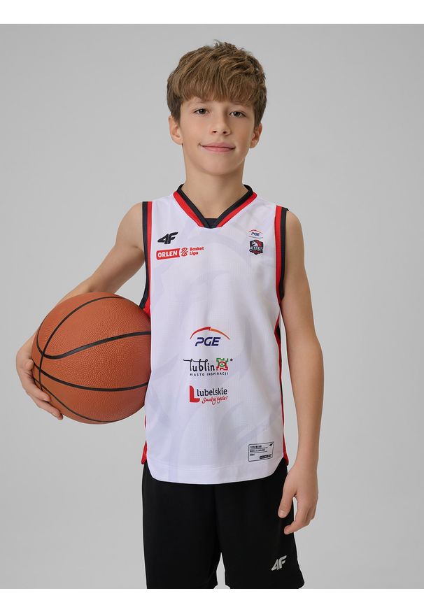 4f - 4F Koszulka meczowa replika domowa z sezonu 2025/26 dziecięca 4F x Start Lublin - biała 98/104. Kolor: biały. Materiał: materiał. Wzór: nadruk. Sezon: lato. Sport: fitness