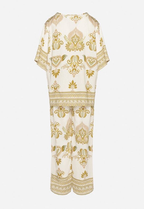 Born2be - Żółty Komplet z Wiskozy w Etniczny Wzór Szerokie Spodnie i Bluzka T-shirt Polliviane. Kolor: zielony. Materiał: wiskoza