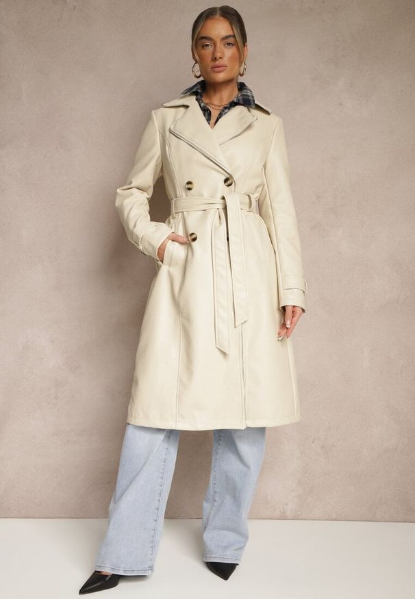 Renee - Beżowy Płaszcz Trencz z Ekoskóry o Dwurzędowym Kroju z Paskiem Nilianis. Okazja: na co dzień. Kolor: beżowy. Materiał: bawełna, jeans, wiskoza. Styl: casual, elegancki