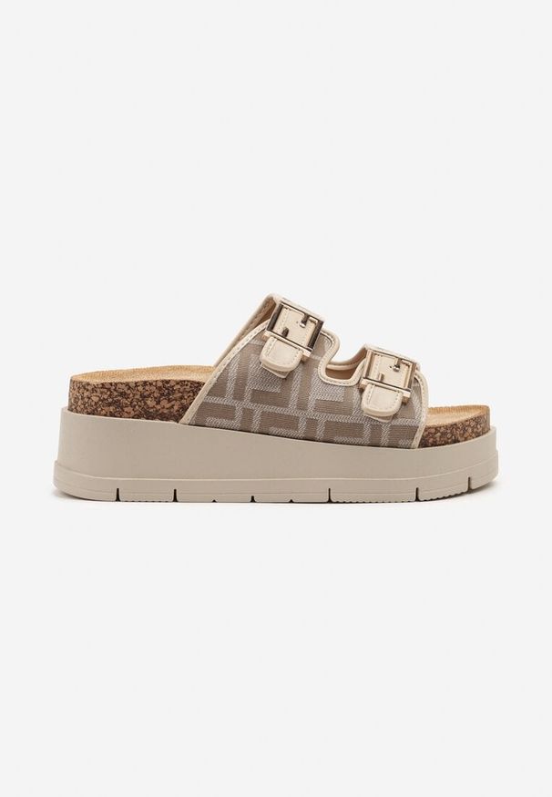Born2be - Beżowe Klapki na Grubej Podeszwie z Geometrycznym Wzorem Rinselia. Okazja: na co dzień, na spacer. Kolor: beżowy. Materiał: jeans. Wzór: geometria. Styl: klasyczny, casual