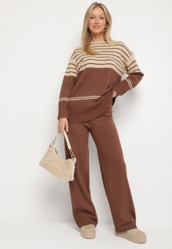 Born2be - Brązowy Dzianinowy Komplet z Wełną Sweter w Paski i Spodnie Raleina. Kolor: brązowy. Materiał: dzianina, wełna. Wzór: paski