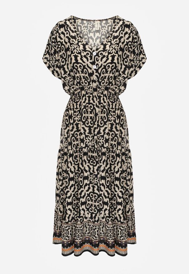 Renee - Czarno-Beżowa Sukienka z Bawełny z Trójkątnym Dekoltem i Gumką w Talii Zapinana na Guziki Lavlea. Okazja: na co dzień. Kolor: czarny. Materiał: bawełna. Długość rękawa: krótki rękaw. Sezon: lato. Typ sukienki: proste. Styl: casual, wizytowy