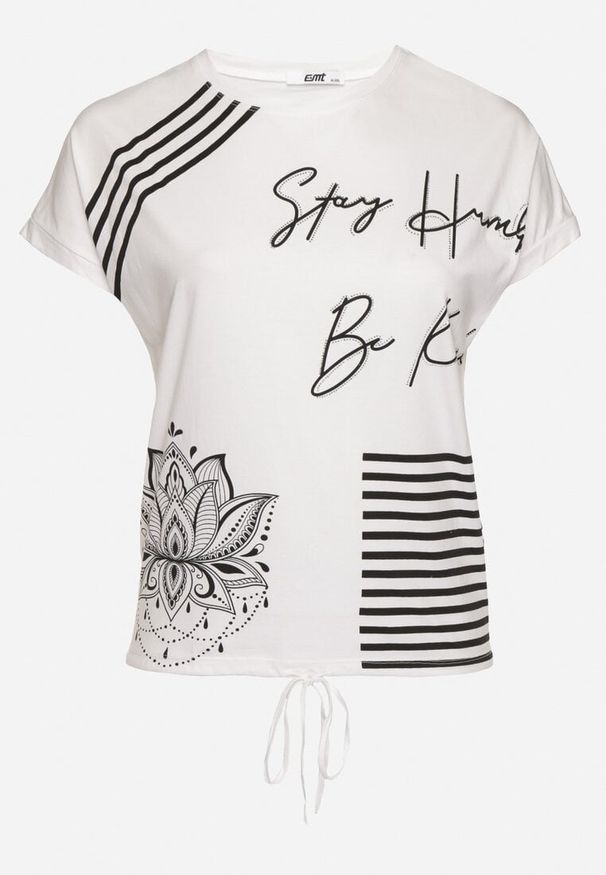 Born2be - Biały T-shirt Ozdobiony Napisem i Paskami Olirvenia. Okazja: na co dzień. Kolor: biały. Materiał: jeans. Wzór: napisy, aplikacja. Styl: casual