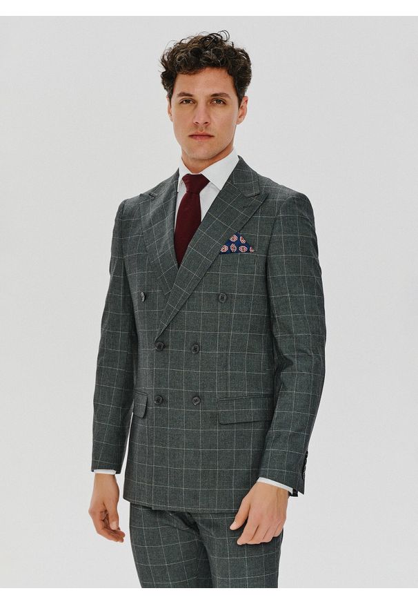Pako Lorente - PAKO LORENTE – Szara dwurzędowa marynarka w kratę. Okazja: na ślub cywilny, na wesele. Kolor: szary. Materiał: wełna. Styl: klasyczny