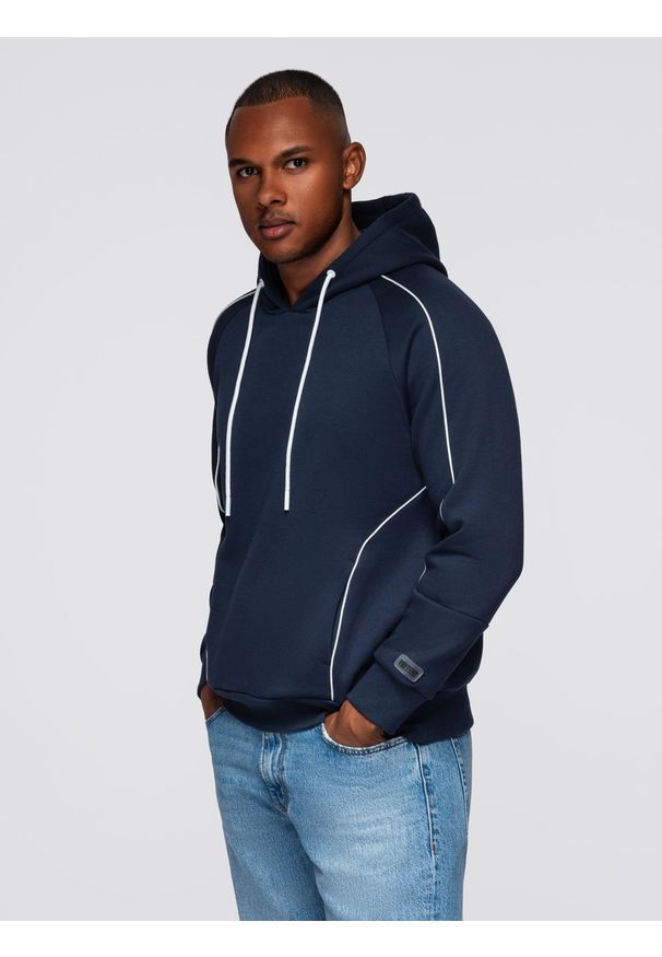 Ombre Clothing - Męska bluza z kontrastowymi przeszyciami i kapturem – granatowa V2 - Rozmiar: XL. Okazja: na co dzień. Kolor: niebieski. Materiał: dzianina, bawełna, poliester. Wzór: aplikacja. Styl: klasyczny, casual, elegancki, sportowy