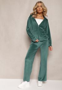Renee - Ciemnozielony Welurowy Komplet Dresowy z Bluzą i Szerokimi Spodniami Anelivs. Kolor: zielony. Materiał: welur, dresówka #1