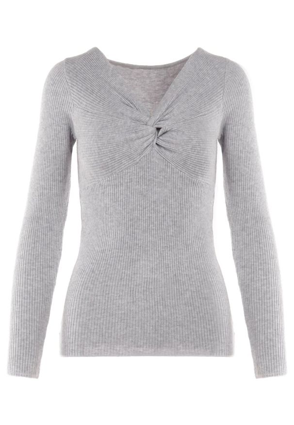 Born2be - Jasnoszary Sweter Ampippe. Kolor: szary. Materiał: dzianina, prążkowany. Długość rękawa: długi rękaw. Długość: długie. Wzór: jednolity, aplikacja