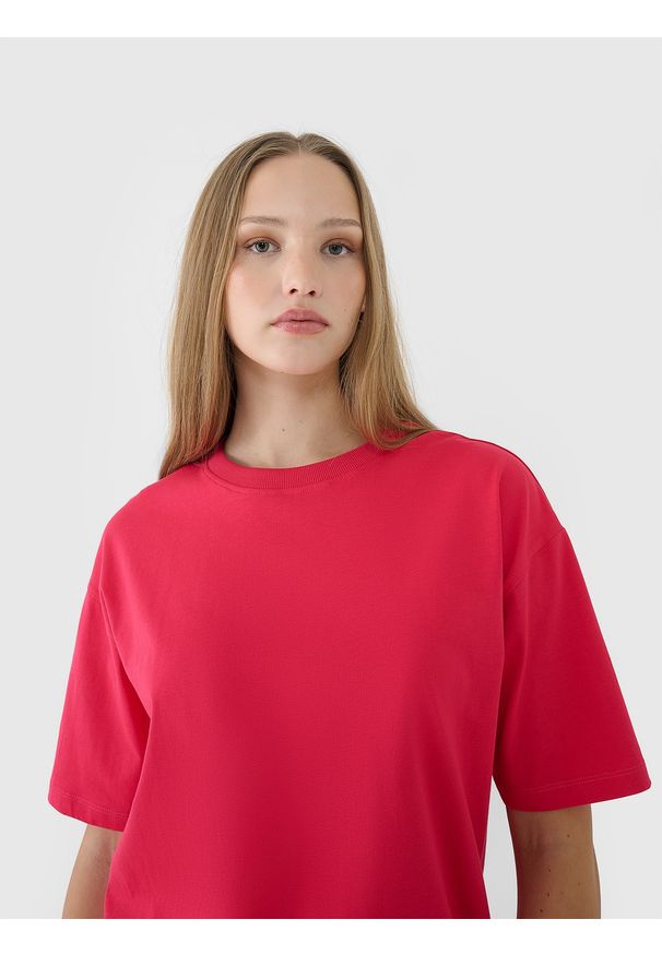 4f - 4F T-shirt oversize gładki damski - różowy L. Okazja: na co dzień. Kolor: różowy. Materiał: bawełna, jersey, dzianina. Długość rękawa: krótki rękaw. Długość: krótkie. Wzór: gładki. Styl: klasyczny, sportowy, casual
