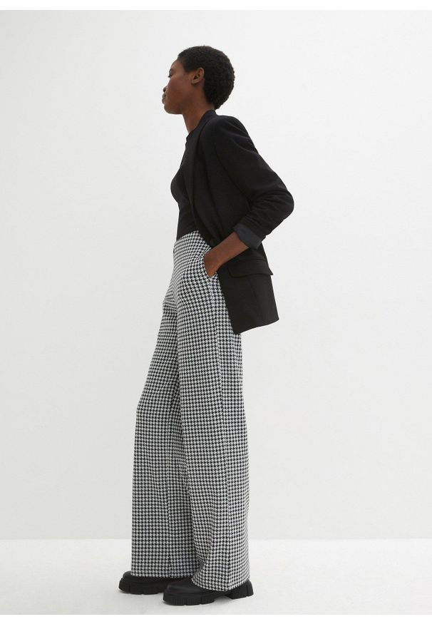 bonprix - Spodnie ze stretchem w pepitkę, WIDE. Kolor: czarny