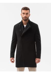Ombre Clothing - Płaszcz męski z asymetrycznym zapięciem - czarny V2 OM-COWC-0102 - XXL. Kolor: czarny. Materiał: poliester #7
