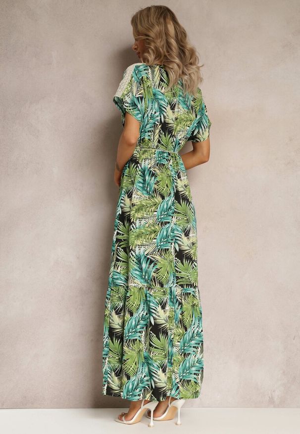 Renee - Zielono-Czarna Maxi Sukienka z Wiskozy w Kwiatowy Print ze Sznurkiem w Talii Anukka. Kolor: zielony. Materiał: wiskoza. Wzór: kwiaty, nadruk. Długość: maxi