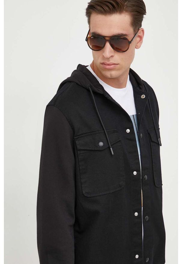 Armani Exchange koszula męska kolor czarny relaxed. Typ kołnierza: kaptur. Kolor: czarny. Długość rękawa: długi rękaw. Długość: długie