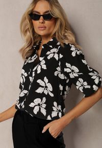 Renee - Czarno-Biała Wiskozowa Koszula w Kwiaty z Podpinanymi Rękawami 3/4 Siasse. Okazja: na co dzień. Kolor: czarny. Materiał: wiskoza. Wzór: kwiaty. Styl: casual