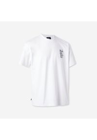 Decathlon - T-shirt z krótkimi rękawami TS500 biały we współpracy z Make Life Skate Life. Kolor: czarny, biały, wielokolorowy. Materiał: elastan, tkanina, bawełna, materiał, prążkowany. Długość rękawa: krótki rękaw. Długość: krótkie. Sport: skateboard