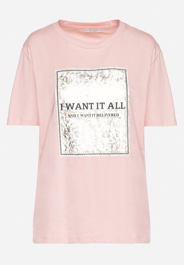 Born2be - Różowy Bawełniany T-shirt Ozdobiony Nadrukiem Nelltaria. Okazja: na co dzień. Kolor: różowy. Materiał: bawełna. Wzór: nadruk, aplikacja. Sezon: wiosna, lato. Styl: casual, elegancki