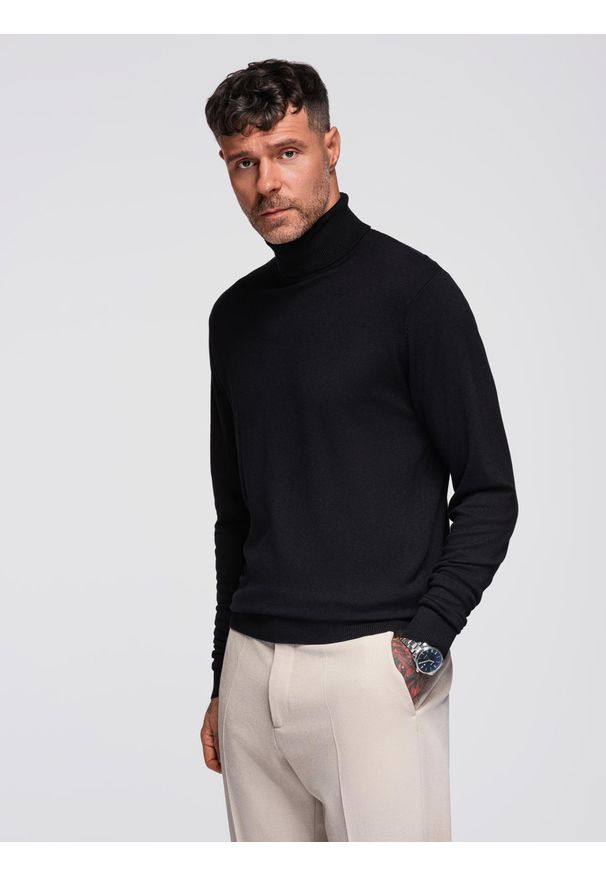 Ombre Clothing - Męski dzianinowy dopasowany golf z wiskozą - czarny V1 - Rozmiar: L. Typ kołnierza: golf. Kolor: czarny. Materiał: dzianina, wiskoza
