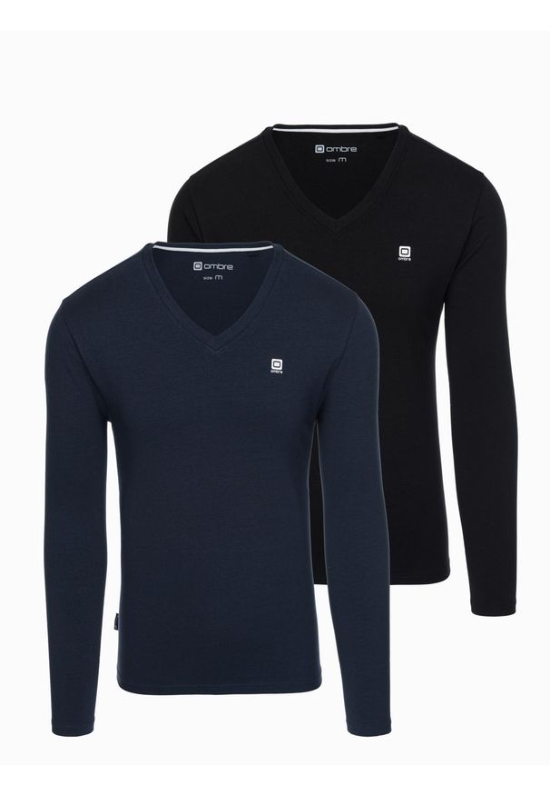 Ombre Clothing - Komplet męskich longsleeve'ów SLIM FIT z dekoltem typu V i logotypem 2-pak – mix granatowy/czarny V3 - Rozmiar: L. Okazja: na co dzień. Kolor: niebieski. Materiał: elastan, bawełna. Długość rękawa: długi rękaw. Styl: casual