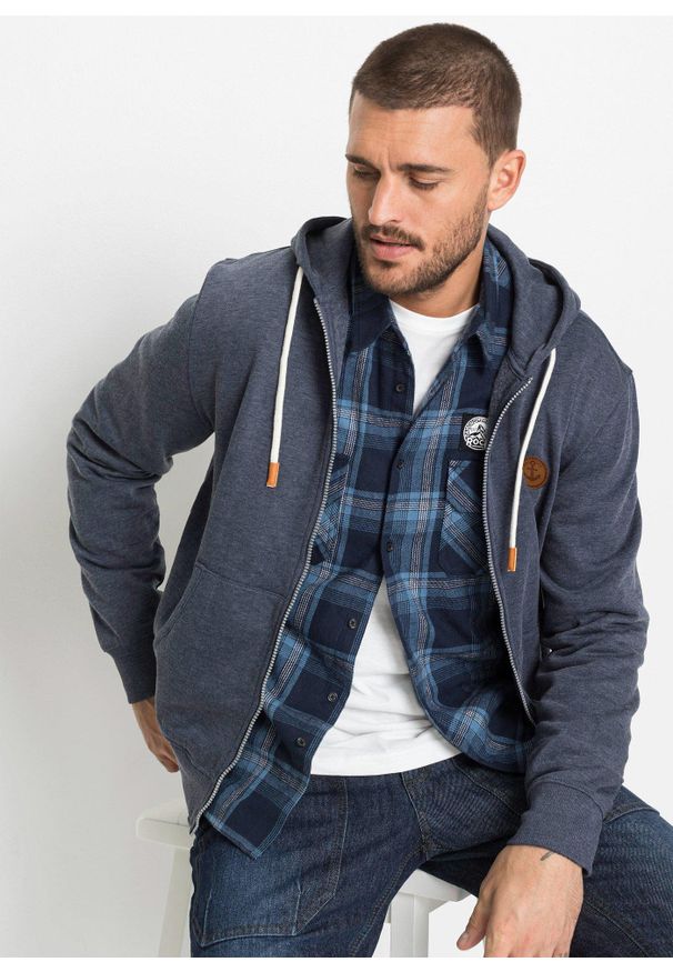 bonprix - Bluza rozpinana z kapturem, z detalami ze sztucznej skóry. Typ kołnierza: kaptur. Kolor: niebieski. Materiał: skóra